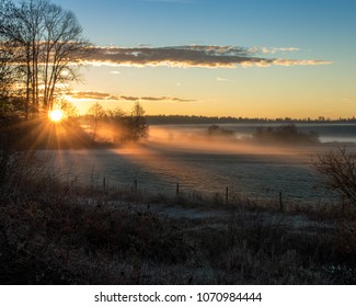 Sunrise Over A Foggy Field Fort Langley British Columbia