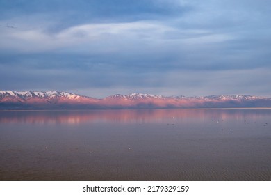 Sunrise Over The Great Salt Lake In Utah. Drought, Low Water Level, Environmental Crisis. 