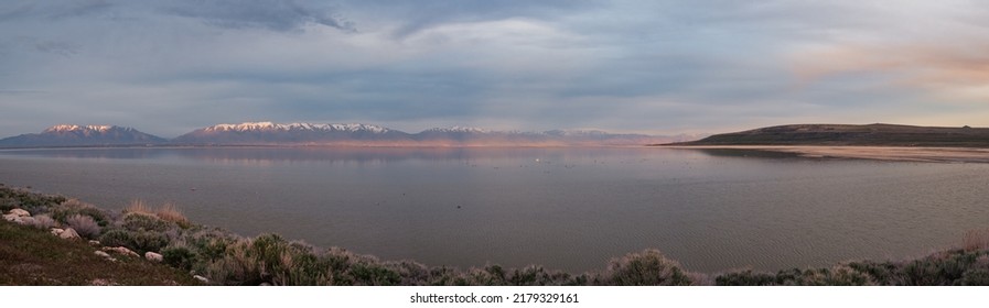 Sunrise Over The Great Salt Lake In Utah. Drought, Low Water Level, Environmental Crisis. 