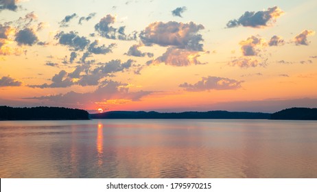 Sunrise Over Lake And Ouachita Mountains 