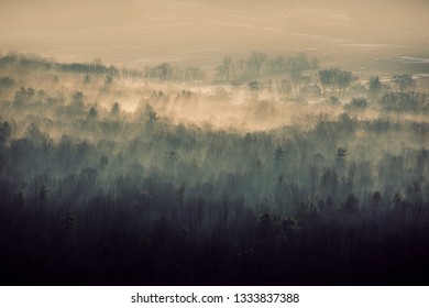 Sunrise Over The Lehigh Valley In Eastern Pennsylvania As A Low Fog Rolls Through The Hills.