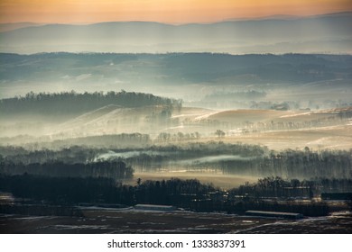 Sunrise Over The Lehigh Valley In Eastern Pennsylvania As A Low Fog Rolls Through The Hills.