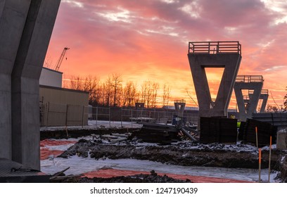 Sunrise Over LRT Construction  Site In Edmonton