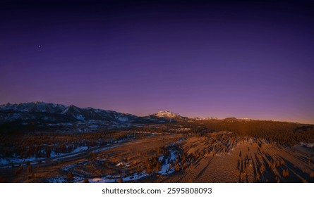 Sunrise over mammoth mountain in mammoth lakes California. Shot with a DJI Mavic air 2S drone. Panoramic photography. 