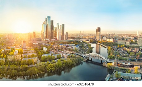 Sunrise over Moscow City district and Moscow river