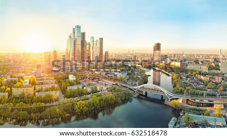 Sunrise over Moscow City district and Moscow river