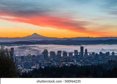 Sunrise Over Portland, Oregon And Mt. Hood