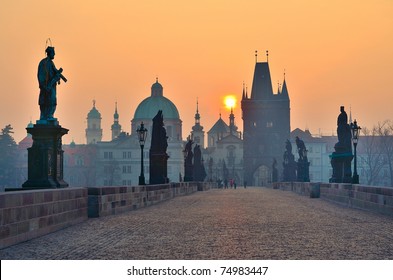 sunrise over Prague - look from Charles (Karluv) bridge