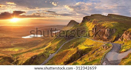 Sunrise over the Quiraing on the Isle of Skye in Scotland.