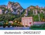 Sunrise over Santa Maria de Montserrat abbey in Spain.