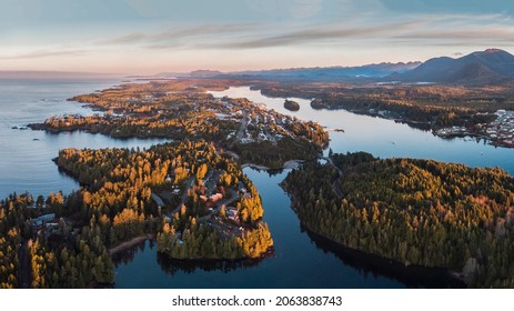 Sunrise Over The Town Of Ucluelet, Vancouver Island, Pacific Northwest, British Columbia, Canada. Ocean, Rainforests, Mountains. Vibrant, Diverse, Lush, Picturesque Ocean Community.