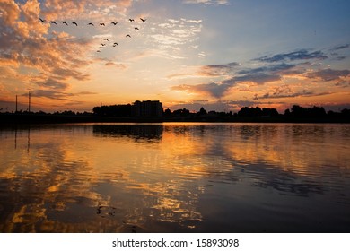 Sunrise Over Water With Birds In V Formation