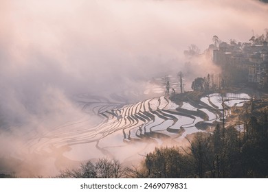 Sunrise over YuanYang rice terraces in Yunnan, China, one of the latest UNESCO World Heritage Sites - Powered by Shutterstock