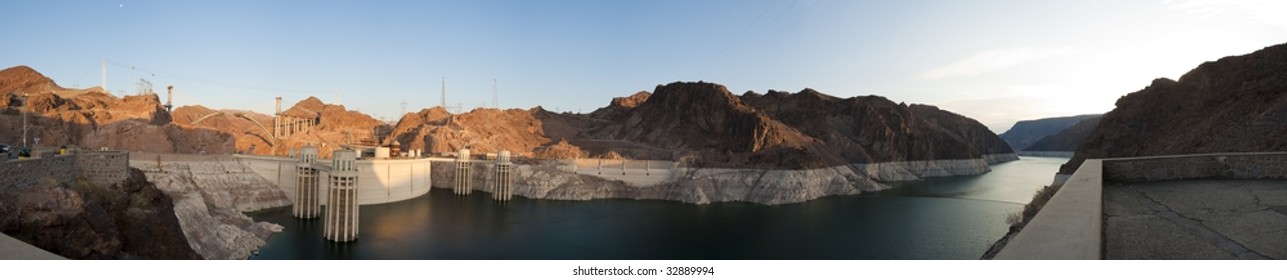 Sunrise Panorama Of The Hoover Dam And Lake Mead