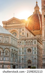 Sunrise Panorama Of Santa Maria Del Fiore Cathedral In Florence, Italy. Architecture And Landmark Of Florence. Travel Background.