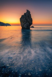 Sunrise At Petra Tou Romiou - Aphrodite's Rock A Famous Tourist Travel Destination Landmark In Paphos, Cyprus