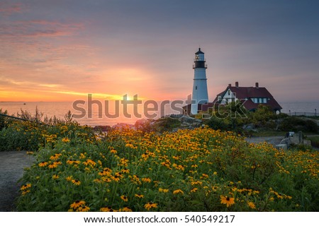 Sunrise at Portland Head Lighthouse in Maine. 