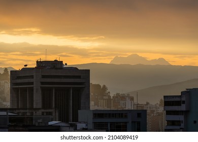 Sunrise In Quito City With The Antisana Volcano, Ecuador.