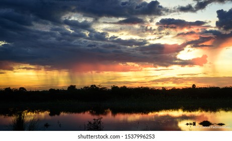 Sunrise And Rain Together, Outskirts Of Madurai With Vaigai River