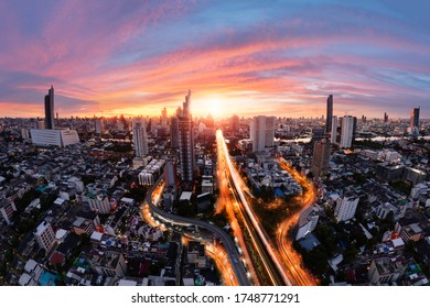 Sunrise Rooftop View Three Spear Road To City, Office Buildings, Living, Condominium In Bangkok City Skyline Top View Downtown And Business Office Bank Financial In Capital City Of Thailand Asian 