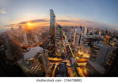 Sunrise Rooftop View Three Spear Road To City, Office Buildings, Living, Condominium In Bangkok City Skyline Top View Downtown And Business Office Bank Financial In Capital City Of Thailand Asian 