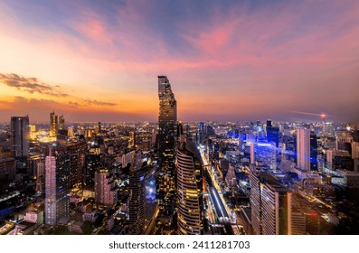 sunrise rooftop view Three spear road to city, office buildings, living, condominium in Bangkok city skyline top view Downtown and business office bank financial in capital city of Thailand Asian  - Powered by Shutterstock