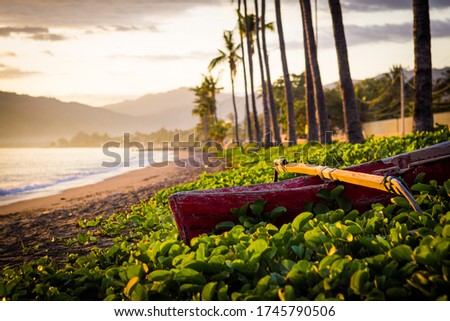 Sunrise at sandy beach with palm trees, green plants and red wooden boat in Dili, East Timor