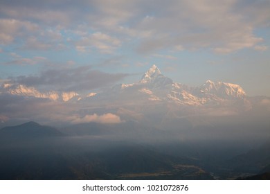 Sunrise at Sarangkot mountain near Pokhara city, Annapurna mountain range, Himalayas, Nepal