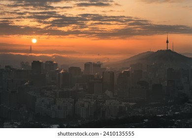 Sunrise scene of Seoul, city skyline, aerial view of N Seoul Tower at Namsan Park in the twilight sky in the morning, best vantage point and hiking from mountain in Seoul, South Korea - Powered by Shutterstock