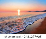 Sunrise sea beach, sunset on ocean tropical island, blue water, tide wave splash closeup, soft color blurred background, pink red sky, sun reflection, peaceful relaxed dawn landscape, summer holidays