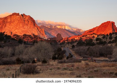 Sunrise Shining On The Mountains At Garden Of The Gods In Colorado Springs, Colorado.