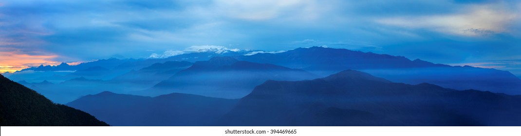 Sunrise In Sierra Nevada De Santa Marta, An Isolated Mountain Area Near To Caribbean Coast. Panoramic Photo With Highest Mountain Of Colombia, Pico Cristobal Colon Covered By Snow In Background.