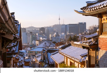 Sunrise And Snow At Bukchon Hanok Village Best Landmark In Seoul, South Korea.