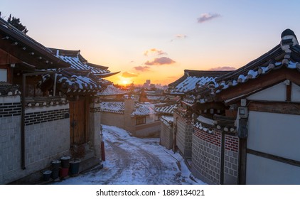 Sunrise And Snow At Bukchon Hanok Village Best Landmark In Seoul, South Korea.