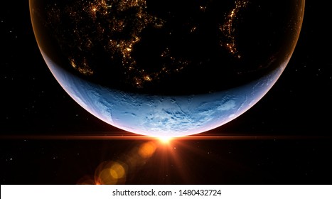 Sunrise in space over the planet Earth with a vibrant sun