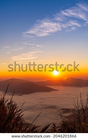 Sunrise or Sunset Landscape of the mountain and sea of mist in winter sunrise view from top of Doi Pha Tang mountain , Chiang Rai, Thailand