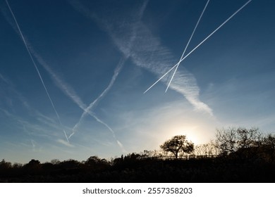 Sunrise or sunset with many numerous jet contrails showing air pollution and pollutants with sun showing low in sky behind silhouette trees - Powered by Shutterstock