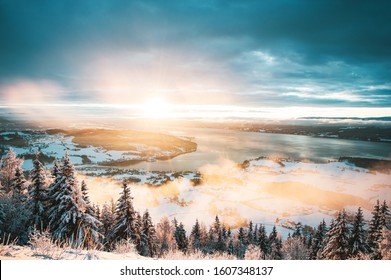 Sunrise, Sunset Picture In Winter, In Scandinavia. Snowie Mountains And Trees. Travel Photography, Copy Space.