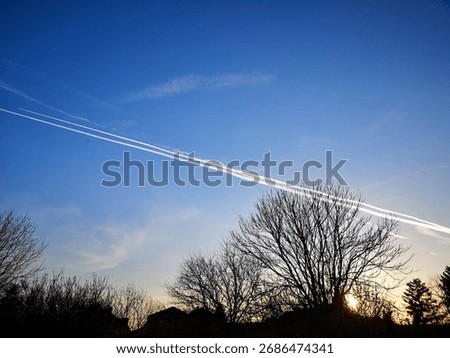 Sunrise or sunset sky with parallel contrails and silhouettes of leafless trees and rooftops; autumn atmosphere in a quiet European suburban setting.