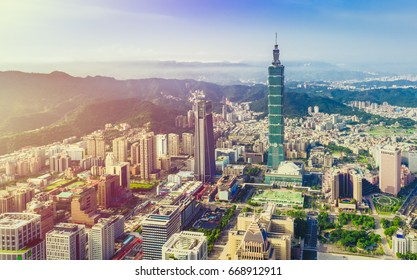 Sunrise Of Taipei City At Dawn With Taipei 101 And Mountain In Background, Taiwan