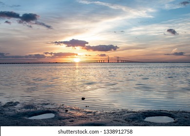 Sunrise In The Tampa Bay Area Florida With A View Of The Bridge