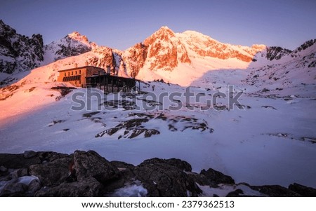 Sunrise, terys cottage in High Tatras, Slovakia