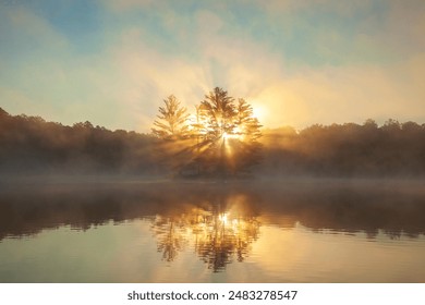 Sunrise through pine trees fog and a sunburst on a northern Minnesota lake during summer - Powered by Shutterstock