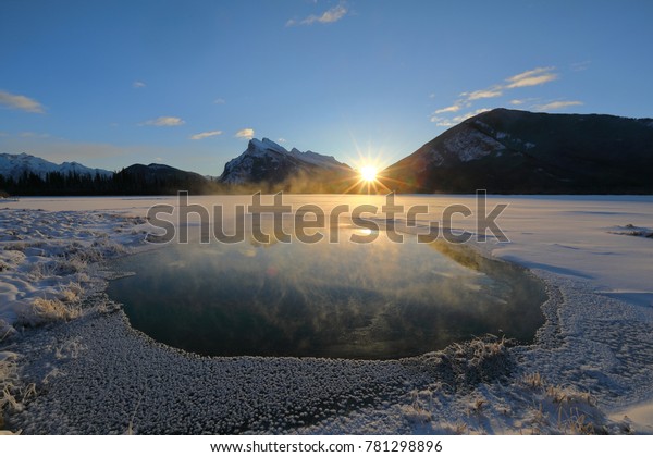 Sunrise at Vermillion Lakes Banff Canada on the Winter\
Solstice.  Temperature was -25C, a very cold morning before\
Christmas. 