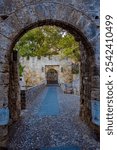 Sunrise view of the Amboise gate of Rhodes in Greece.