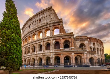Sunrise view of Colosseum in Rome, Italy. Architecture and landmark of Rome. Postcard of Rome.