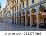 Sunrise view of Liston street in the center of Kerkyra, Corfu, Greece.