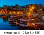 Sunrise view of marina in Greek port Heraklion at Crete island.