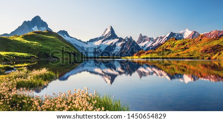 Sunrise view on Bernese range above Bachalpsee lake. Highest peaks Eiger, Jungfrau and Faulhorn in famous location. Switzerland alps, Grindelwald valley