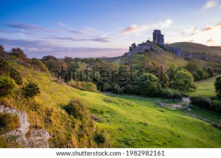 Sunrise view on Corfe Castle